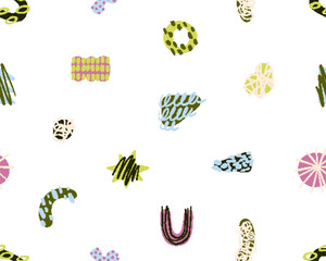 Poster - Seamless abstract pattern. Geometric doodle-style shapes, scribbles, endless texture, repeating background, print for modern trendy textile, wallpaper, wrapping design. Flat vector illustration
