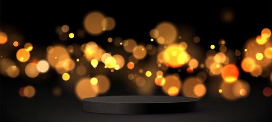 Poster - black podium with glowing bokeh effect on dark background - shimmering stage platform illuminated by