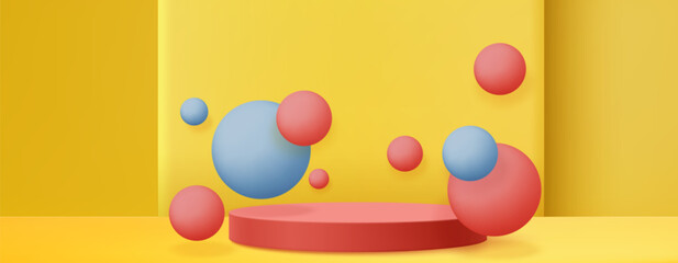 Poster - Red and blue spheres floating around cylinder podium on yellow background - abstract geometric shapes, bright contrasting colors, minimalist style. 3d stylized product display pedestal mockup.