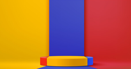 Poster - Cylinder podium stage on vibrant striped background - bright red, blue and yellow vertical lines room. Colorful empty product display pedestal. Abstract geometric minimalist design for presentation,