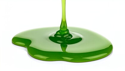 Poster - Close-up shot of vibrant green liquid pouring and spreading on a white surface, showcasing a glossy, smooth texture with reflections and shadows.