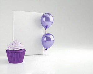 Poster - A minimalist arrangement showcases a vibrant purple cupcake with sprinkles and two glossy purple balloons next to a tall white board on a white surface