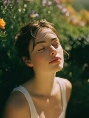 Leinwandbilder - Woman Meditating Outdoors With Eyes Closed Among Flowers, Promoting Wellness and Mindfulness for Mental Health Awareness Campaigns : Generative AI