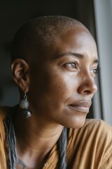 Poster - Thoughtful Woman Gazing Out Window With Earrings, Representing Contemplation and Personal Reflection for Wellness and Lifestyle Content : Generative AI