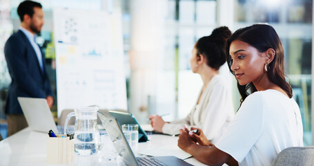 Poster - Business, presentation and woman with laptop in office for financial statement review, data report or finance analysis. Accounting team, people or meeting for risk management, forecasting or planning