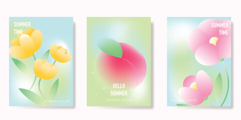 Wall Mural - abstract colorful gradient fruit and flower card background set. minimalist poster with tulip flower