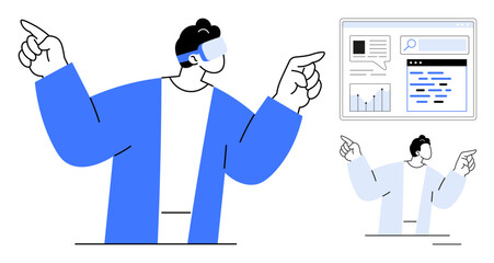 Poster - man wearing ar glasses pointing at a digital interface with graphs and text. ideal for technology, i