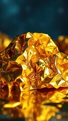 Poster - Golden crumpled foil shimmering under light reflects textures and patterns in a captivating display of color and form