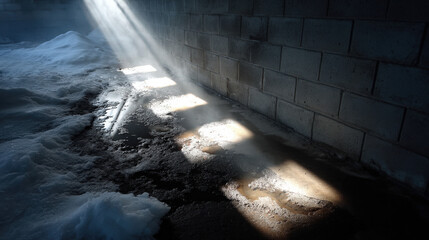 Poster - Light Beams in Dark Alley with Soaked Concrete and Shadows Creating a Moody Atmospheric Scene
