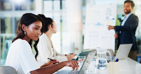 Poster - Business, woman or laptop with reading in presentation for financial statement review, data report or finance analysis. Accounting team, people or meeting for risk management, forecasting or strategy