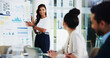 © peopleimages.com - Business, discussion and woman with graphs in presentation for report generation, research and feedback. Financial analyst, meeting and employee with data collection for budget review and performance