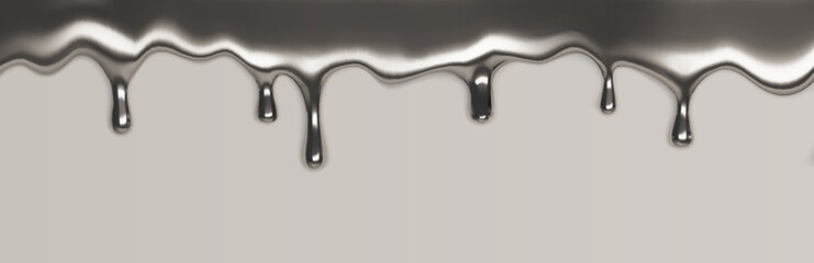 Poster - Liquid silver border isolated on background. Vector realistic illustration of molten chrome substance with glossy drops, metallic paint splash, smooth platinum, steel, aluminum frame with blobs