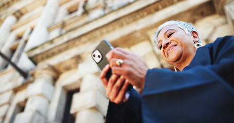 Aufkleber - Cellphone, lawyer and businesswoman in city with communication, contact or email with legal client. Phone, research and female attorney with online networking for legislation case in town from below.