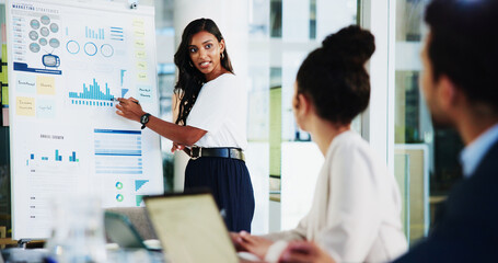 Poster - Business, data and woman with discussion in presentation for finance forecasting, market trends analysis or strategy. Financial analyst, collaboration and graph stats for budget review or performance