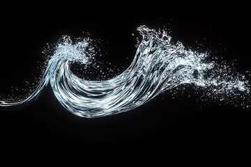 Poster - Stunning Water Splash with Dynamic Flow and Sparkling Droplets on Black Background for Creative Projects