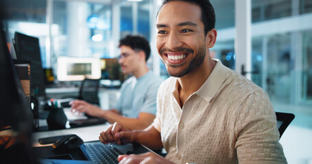 Fototapete - Computer, programmer and smile with man in office for game designer, coding app and ux update. Software development, research and level gameplay with employee in agency for coworking project