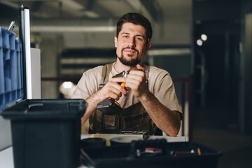 Aufkleber - Skilled worker operating power tools in workshop setting during afternoon hours