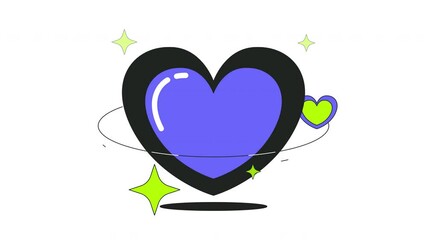 Poster - Y2K love planet 2D onboarding ui animation. Floating heart with orbiting sparkling stars. 2000s futuristic retro romance animated cartoon flat concept metaphor 4K video isolated on white