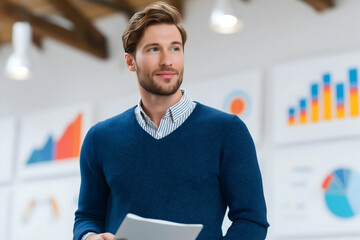 Aufkleber - A confident man stands in a modern office, holding documents, with charts and graphs displayed in the background.