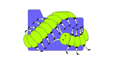 Poster - Centipede crawling over file folder 2D onboarding ui animation. Computer virus. Data breach. Whimsical insect digital infestation animated cartoon flat concept metaphor 4K video isolated on white