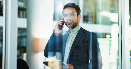 Fototapete - Phone call, thinking and businessman with tablet for accounting, economy update or finance report in office. Talk, reflection or financial advisor with advice for portfolio, research or investment