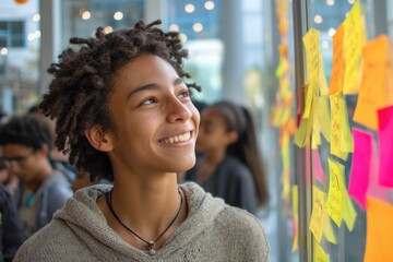 Aufkleber - Smiling Young Woman Looking at Sticky Notes on Glass Wall, Representing Brainstorming and Collaborative Innovation in the Workplace : Generative AI
