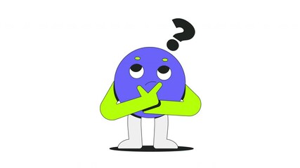 Poster - Groovy round character thinking with question mark 2D onboarding ui animation. Curious brainstorm. Decision making. Problem solving animated cartoon flat concept metaphor 4K video isolated on white