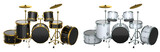 Set of realistic drums with metal cymbals on white background. 3d render concept of musical percussion instrument, drum machine and drumset