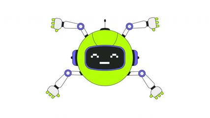Poster - Robotics helper with pixelated smile 2D onboarding ui animation. Round robot with multiple arms. Mascot technology. Friendly AI floating animated cartoon flat concept 4K video isolated on white