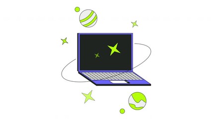 Poster - Laptop with orbiting planets sparkles 2D onboarding ui animation. Cosmic internet. Cyber space notebook. Universe technology animated cartoon flat concept metaphor 4K video isolated on white