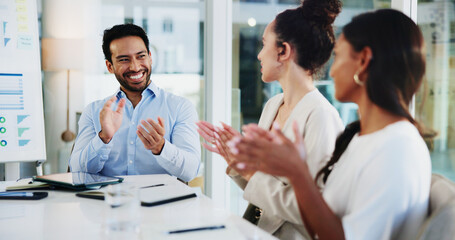 Aufkleber - Business, success and people with applause in meeting for finance pitch approval, funding offer and good news. Financial group, employees and celebration in office for corporate deal and investment