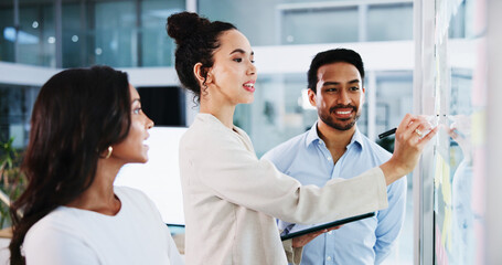Poster - Glass wall, writing and business people in office, planning and tablet for project schedule. Employees, feedback and PR agency with idea, brainstorming or cooperation with company website or teamwork
