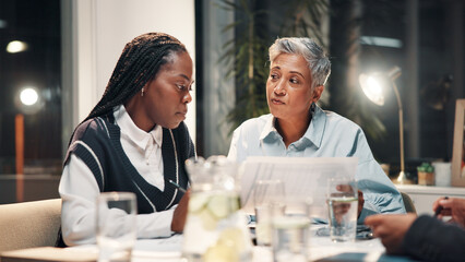 Poster - Paperwork, office and business women in meeting for financial review, budget report and feedback. Corporate team, professional and workers with documents for collaboration, strategy and planning