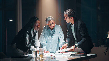 Aufkleber - Management, paperwork and business people at night meeting for overtime, planning or research. Creative startup, collaboration and man with woman for project, proposal and brainstorming in office