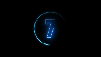 Poster - Glowing blue colour neon 7 number countdown timer illustration background.	