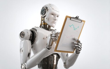 Poster - Robot analyzes financial data while holding a clipboard with graphs and charts in a modern setting