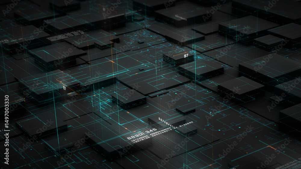 3D blockchain and digital data network with glowing circuitry and tech ...