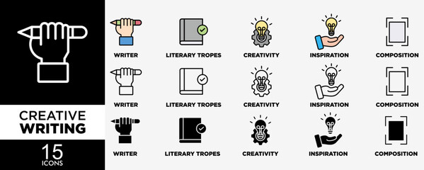 Poster - CREATIVE WRITING icon set with various styles and colors