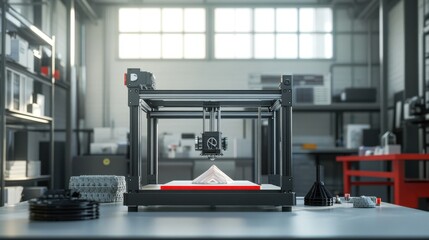 Poster - D printing station inside a corporate innovation center with emerging prototype parts