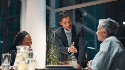 Poster - Collaboration, meeting and proposal with business people in office boardroom at night for planning. Discussion, pitch and report with employee team in workplace for late evening project management
