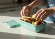 © Olesya - Woman hands preparing a sandwich and apple fruit in a lunch box on a kitchen counter. Everyday routine making a healthy meal prep for normal domestic life. Simple activity.