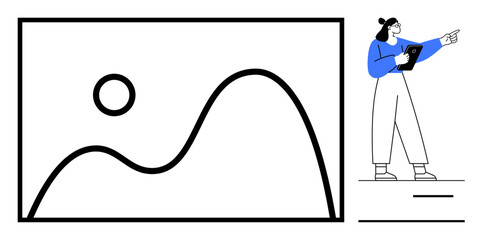 Woman holding tablet points at screen with graph and circular element, emphasizing data or trends. Ideal for analysis, planning, learning, strategy, education, communication, simple landing page