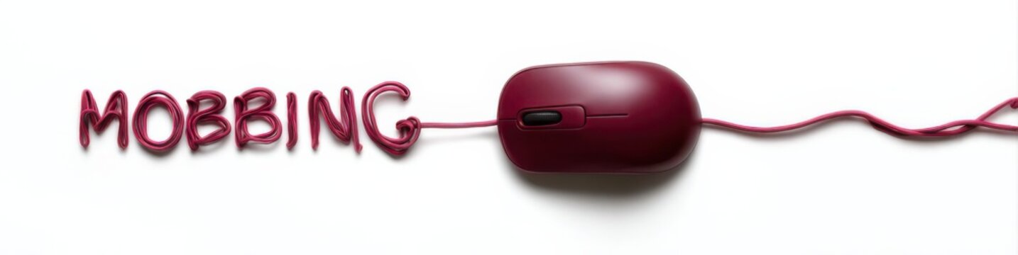 Creative representation of mobbing with a computer mouse and text on a white background