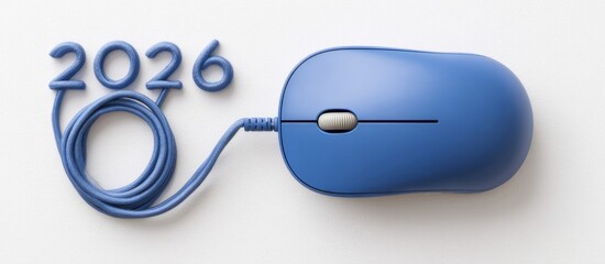 Poster - Blue computer mouse and cable forming the year 2026, representing innovation in technology and design