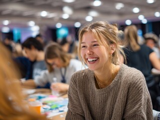 Poster - Smiling Young Woman in Casual Sweater at a Table, Representing Education, Collaboration, and Teamwork in a Modern Workplace Environment : Generative AI