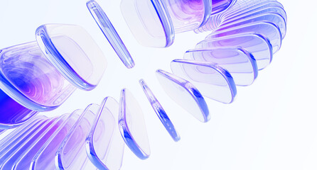 Poster - Abstract glass 3d background. Rows of crystal light holographic rectangle plates with rounded corners render. Gradient transparent block shapes. Iridescent curve wave line pattern. 3D illustration