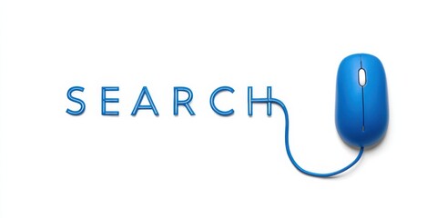 Fototapete - Innovative blue computer mouse next to the word search on a white background creating a modern digital theme