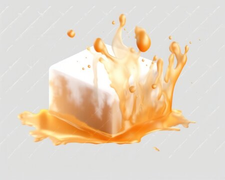 Kubischer Körper in orangefarbener Flüssigkeitsspritzer