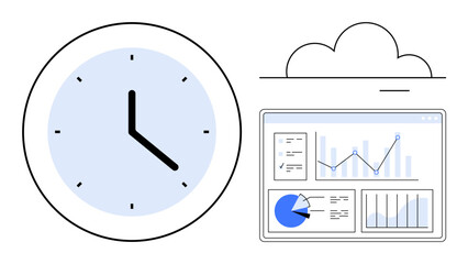 Poster - analog clock alongside data visualization on a screen with line graphs, pie charts, and bar graphs u