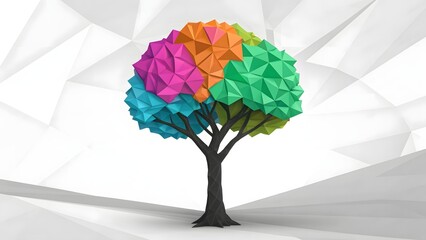 Aufkleber - A polygonal tree with colorful leaves against a white polygonal background in a studio setting
